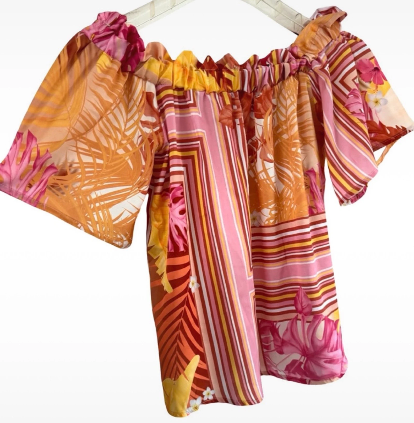 Top off-shoulder Rinascimento tamanho PP com estampa rosa e laranja Made in Italy – photo 6
